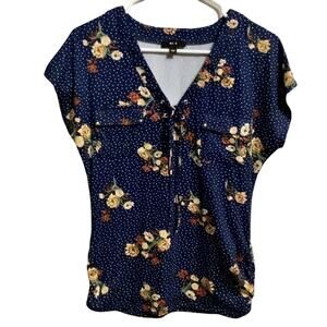 MINE Navy & Yellow Floral Short Sleeve Top V Neck Size Small